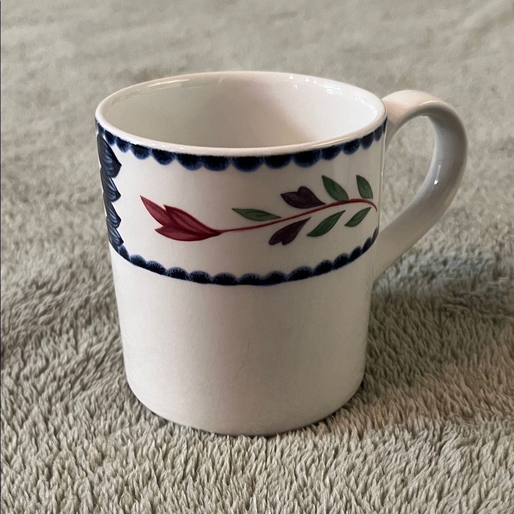 Adams “Lancaster” White Mug with Blue Trim and Red Floral Accent